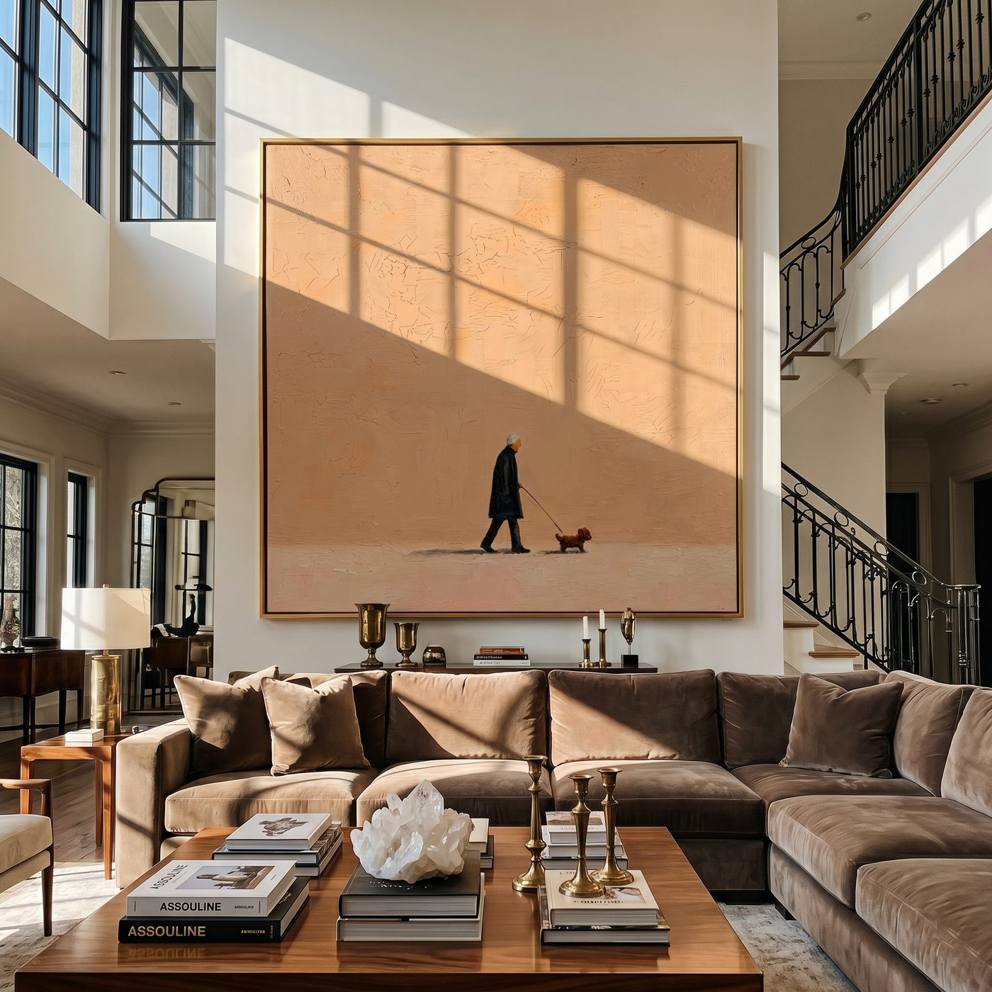 Orange Evening Walks Slowly — Minimalist Evening Dog Walk Painting | Minimalist Figurative Square Wall Art – brown minimalist figurative people & pets art, square hand-painted canvas art – view 2
