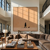 Orange Evening Walks Slowly — Minimalist Evening Dog Walk Painting | Minimalist Figurative Square Wall Art – brown minimalist figurative people & pets art, square hand-painted canvas art – view 2