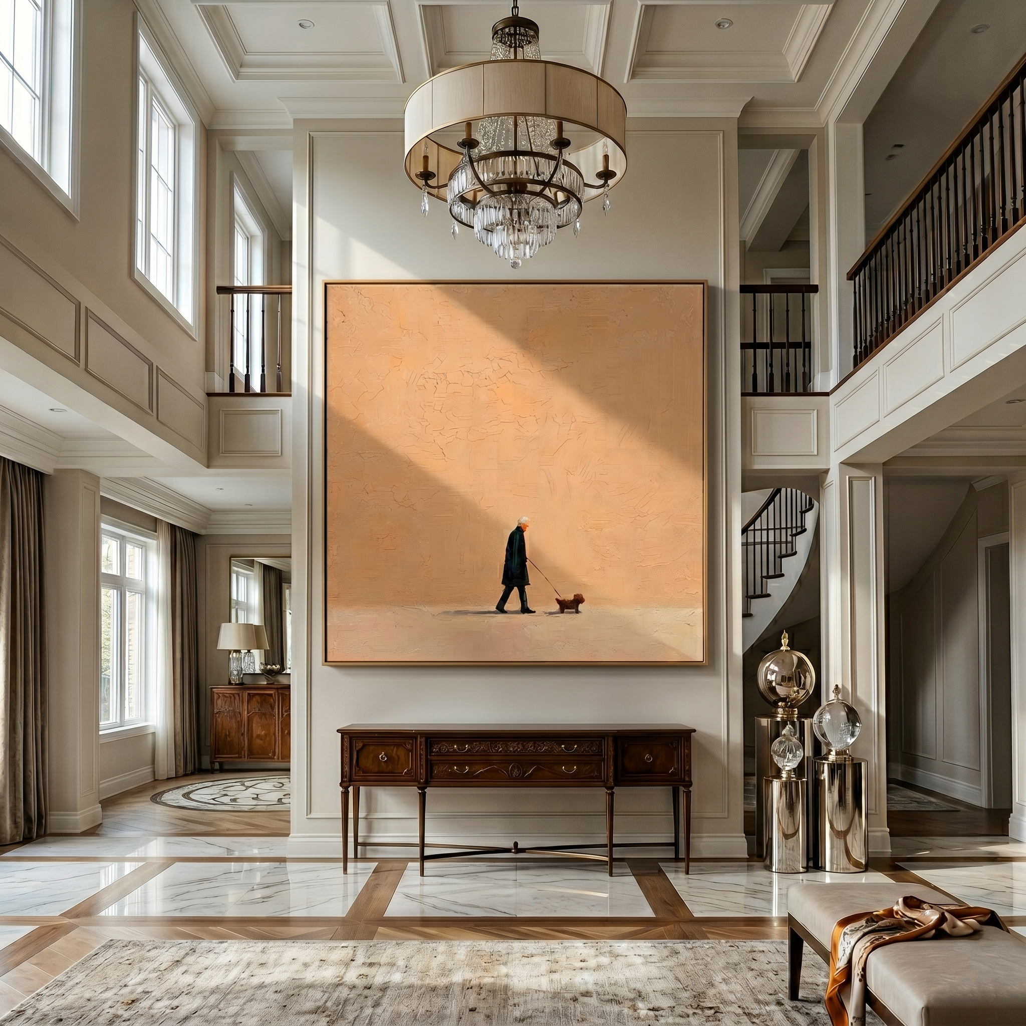 Orange Evening Walks Slowly — Minimalist Evening Dog Walk Painting | Minimalist Figurative Square Wall Art – brown minimalist figurative people & pets art, square hand-painted canvas art – view 6