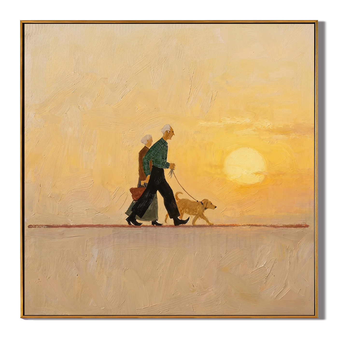 Sunset Walks Beside Them — Sunset Couple and Dog Painting | Minimalist Figurative Square Wall Art – gold and brown minimalist figurative people & pets art, square hand-painted canvas art – view 1