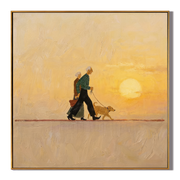 Sunset Walks Beside Them — Sunset Couple and Dog Painting | Minimalist Figurative Square Wall Art – gold and brown minimalist figurative people & pets art, square hand-painted canvas art – view 1