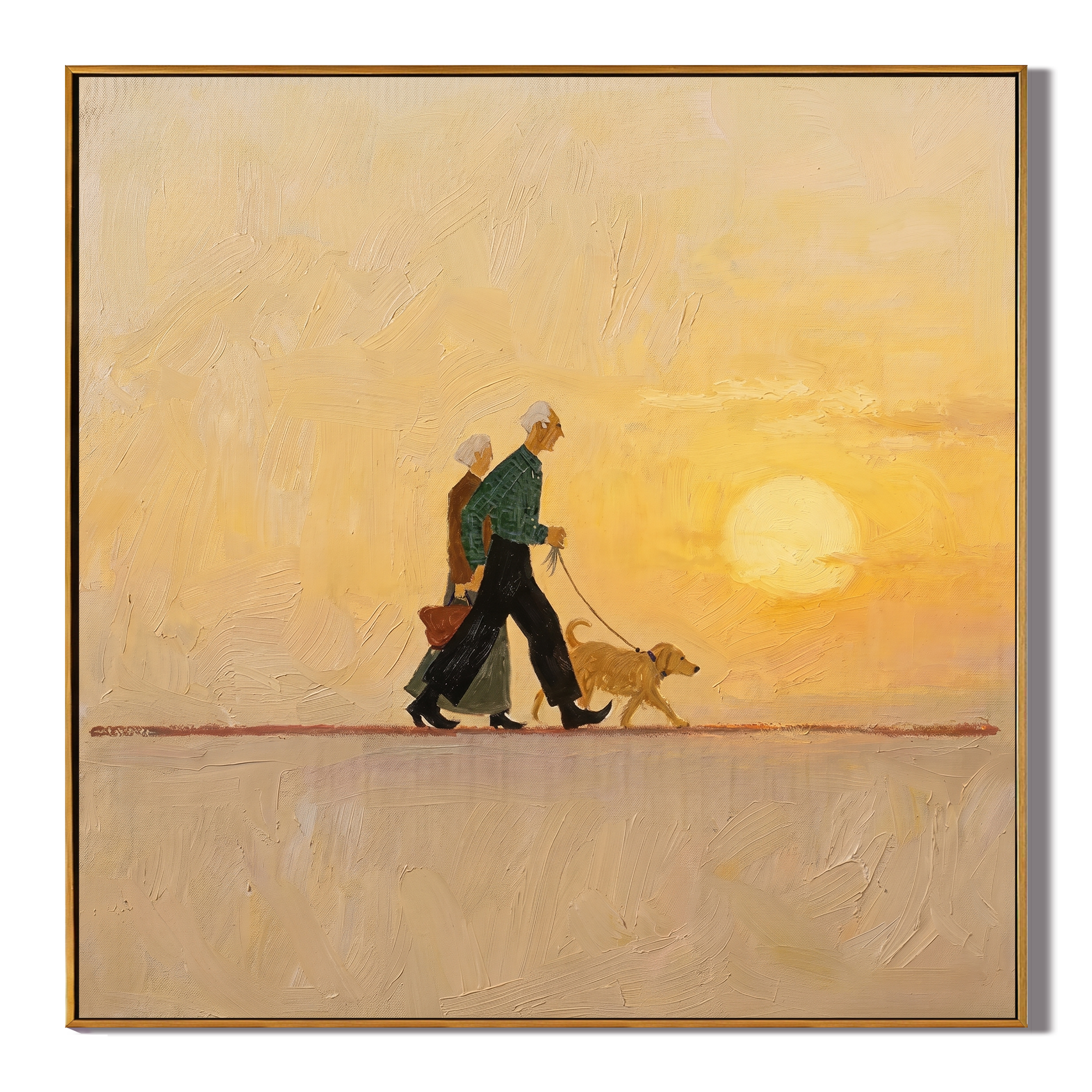 Sunset Walks Beside Them — Sunset Couple and Dog Painting | Minimalist Figurative Square Wall Art – gold and brown minimalist figurative people & pets art, square hand-painted canvas art – view 1