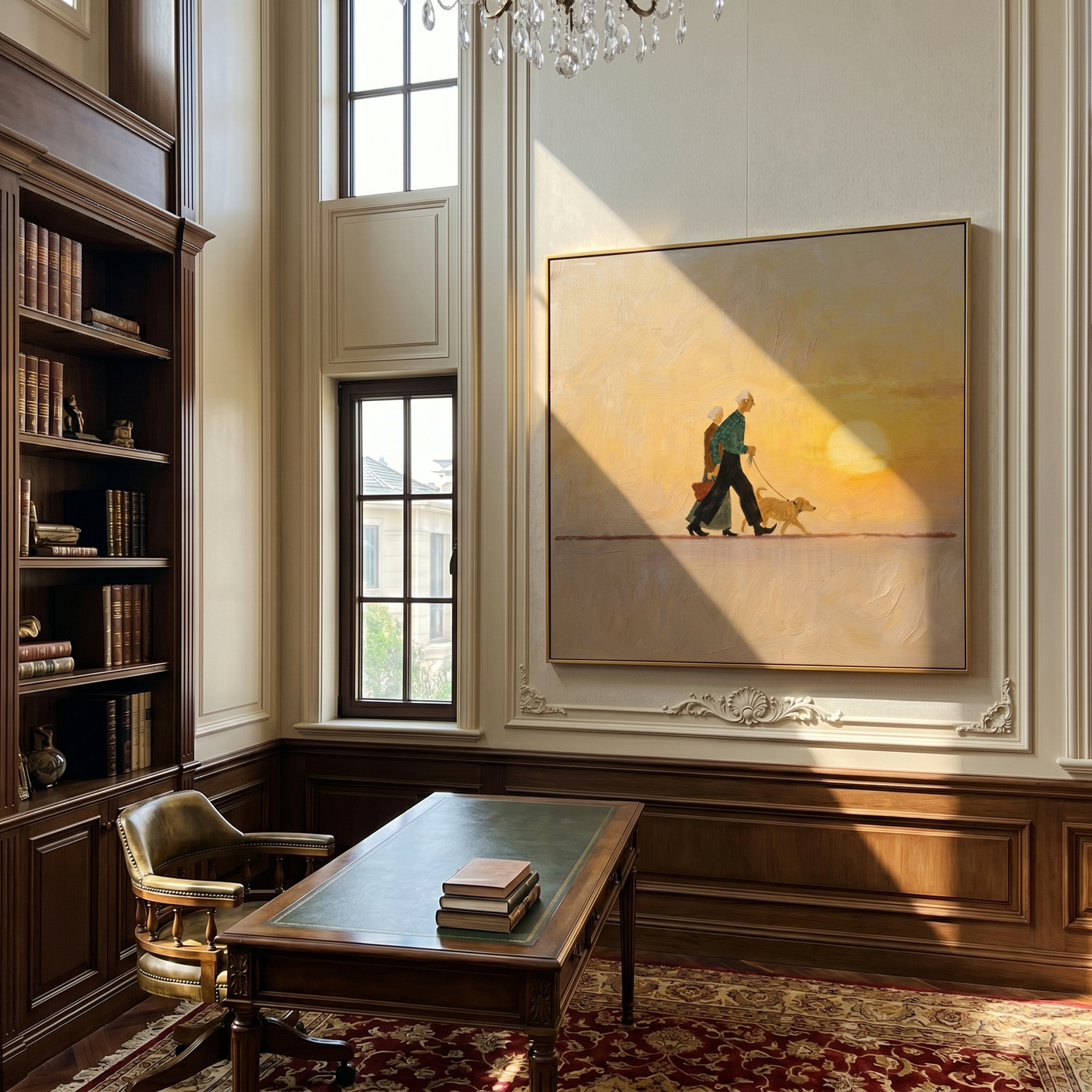 Sunset Walks Beside Them — Sunset Couple and Dog Painting | Minimalist Figurative Square Wall Art – gold and brown minimalist figurative people & pets art, square hand-painted canvas art – view 2