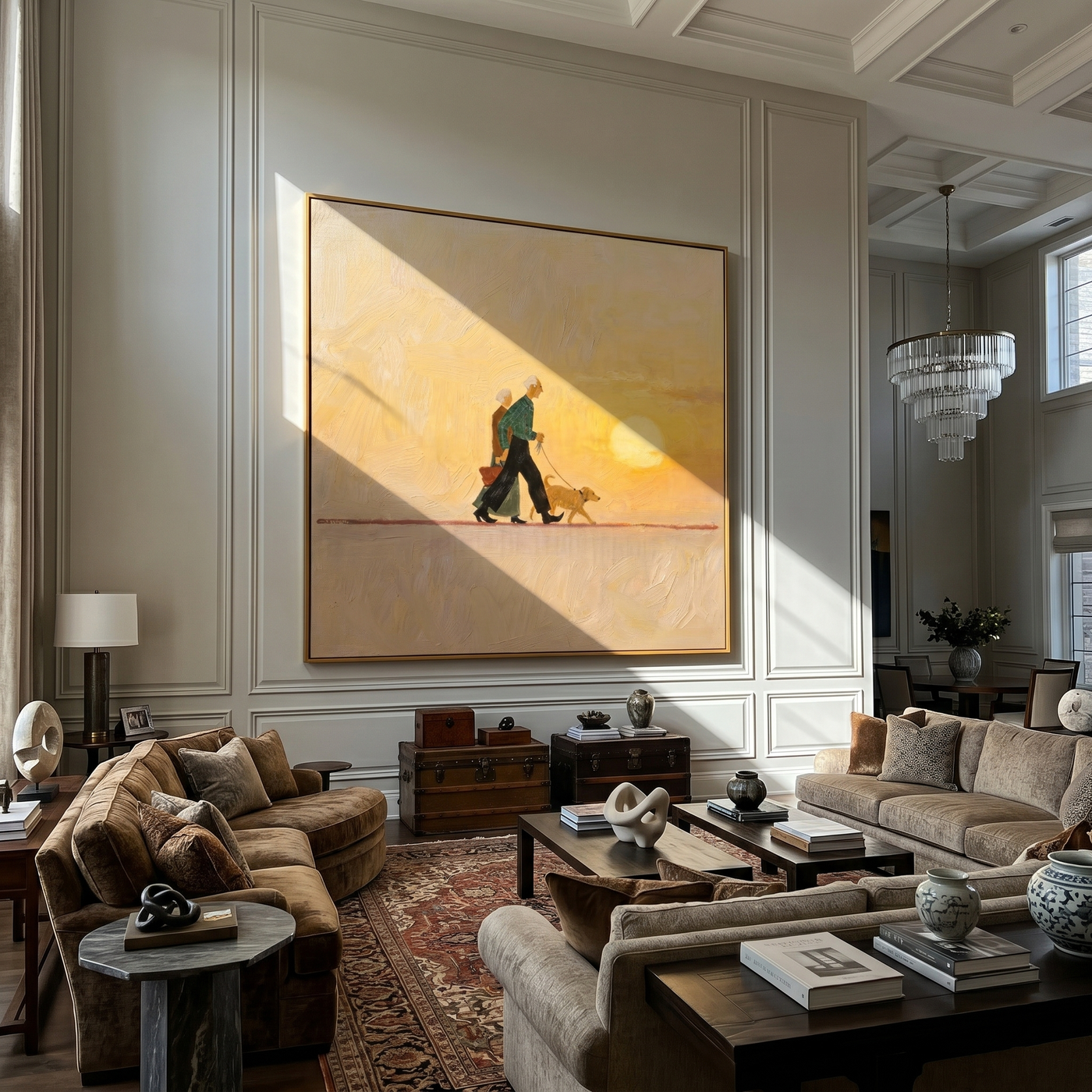 Sunset Walks Beside Them — Sunset Couple and Dog Painting | Minimalist Figurative Square Wall Art – gold and brown minimalist figurative people & pets art, square hand-painted canvas art – view 3