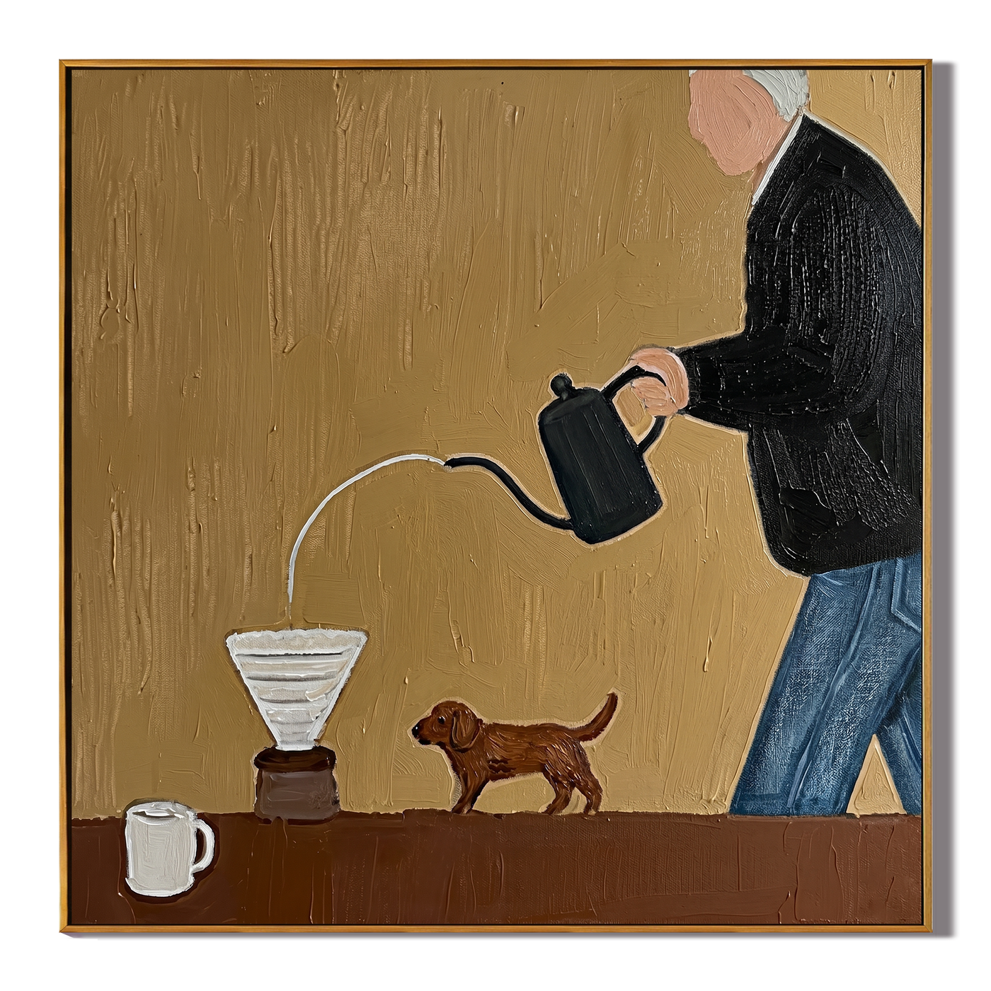 Coffee Pours Before Walking — Coffee Brewer with Dog Painting | Minimalist Figurative Square Wall Art – brown and gold minimalist figurative people & pets art, square hand-painted canvas art – view 1