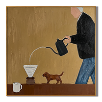 Coffee Pours Before Walking — Coffee Brewer with Dog Painting | Minimalist Figurative Square Wall Art – brown and gold minimalist figurative people & pets art, square hand-painted canvas art – view 1