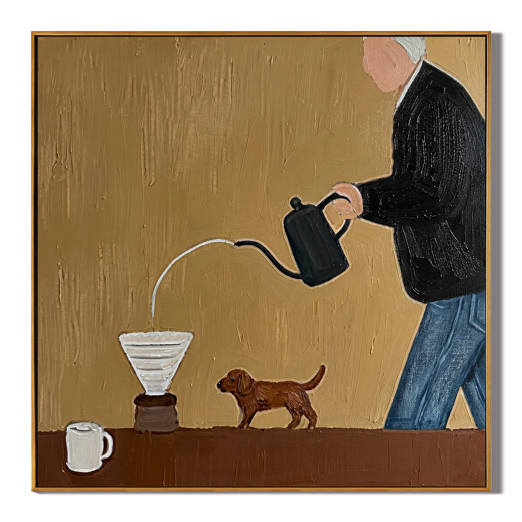 Coffee Pours Before Walking — Coffee Brewer with Dog Painting | Minimalist Figurative Square Wall Art – brown and gold minimalist figurative people & pets art, square hand-painted canvas art – view 1