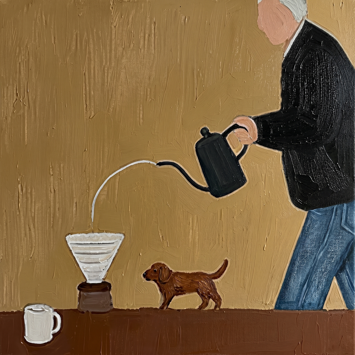 Coffee Pours Before Walking — Coffee Brewer with Dog Painting | Minimalist Figurative Square Wall Art – brown and gold minimalist figurative people & pets art, square hand-painted canvas art – view 2