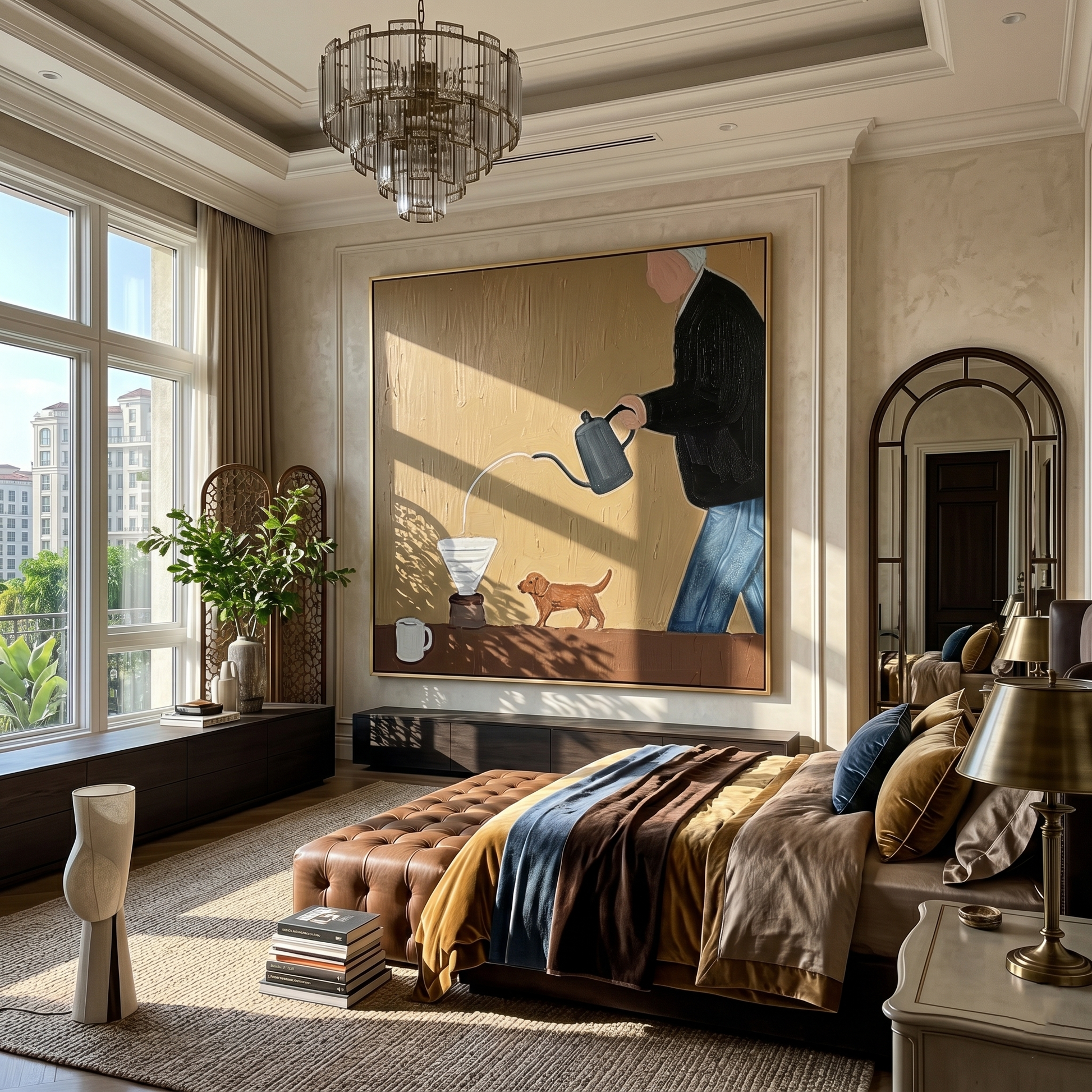 Coffee Pours Before Walking — Coffee Brewer with Dog Painting | Minimalist Figurative Square Wall Art – brown and gold minimalist figurative people & pets art, square hand-painted canvas art – view 5