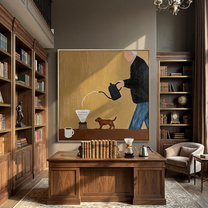 Coffee Pours Before Walking — Coffee Brewer with Dog Painting | Minimalist Figurative Square Wall Art – brown and gold minimalist figurative people & pets art, square hand-painted canvas art – view 6