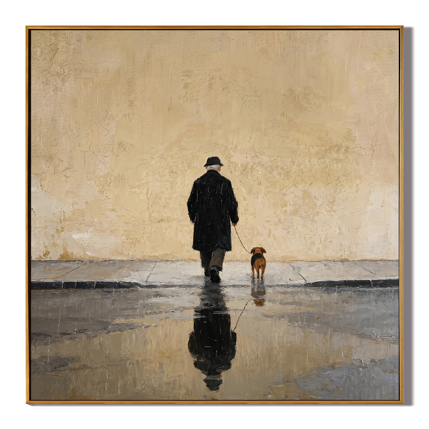 Rain Keeps Their Reflection — Rainy Dog Walker Painting | Minimalist Figurative Square Wall Art – gold and brown and gray minimalist figurative people & pets art, square hand-painted canvas art – view 1