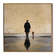 Rain Keeps Their Reflection — Rainy Dog Walker Painting | Minimalist Figurative Square Wall Art – gold and brown and gray minimalist figurative people & pets art, square hand-painted canvas art – view 1