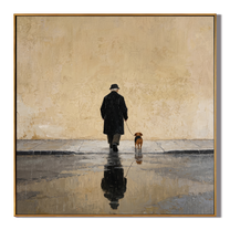 Rain Keeps Their Reflection — Rainy Dog Walker Painting | Minimalist Figurative Square Wall Art – gold and brown and gray minimalist figurative people & pets art, square hand-painted canvas art – view 1