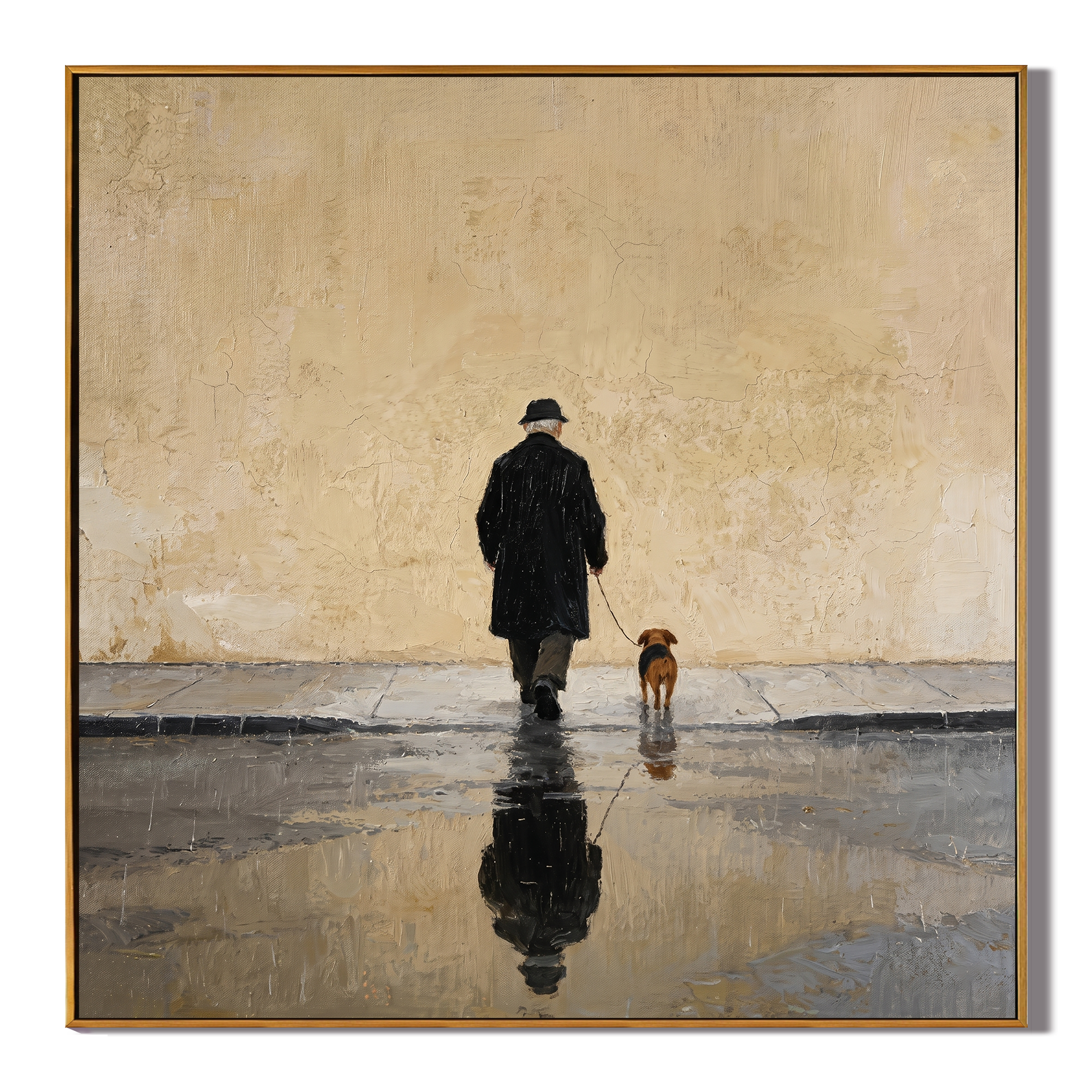 Rain Keeps Their Reflection — Rainy Dog Walker Painting | Minimalist Figurative Square Wall Art – gold and brown and gray minimalist figurative people & pets art, square hand-painted canvas art – view 1