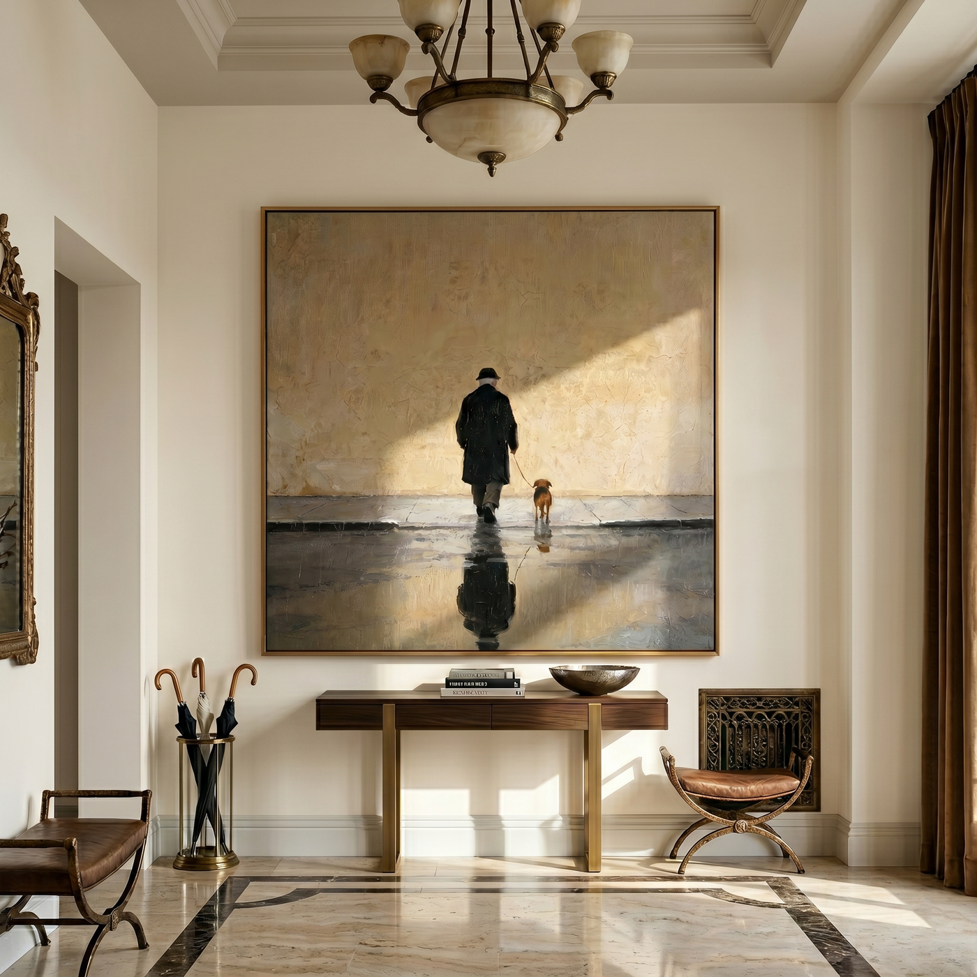 Rain Keeps Their Reflection — Rainy Dog Walker Painting | Minimalist Figurative Square Wall Art – gold and brown and gray minimalist figurative people & pets art, square hand-painted canvas art – view 3