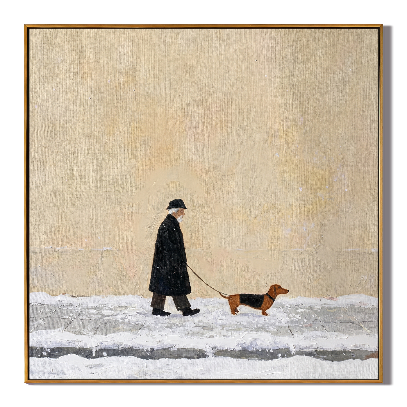 Snow Makes Small Footsteps — Winter Dachshund Walk Painting | Minimalist Figurative Square Wall Art – brown and gray minimalist figurative people & pets art, square hand-painted canvas art – view 1
