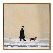 Snow Makes Small Footsteps — Winter Dachshund Walk Painting | Minimalist Figurative Square Wall Art – brown and gray minimalist figurative people & pets art, square hand-painted canvas art – view 1