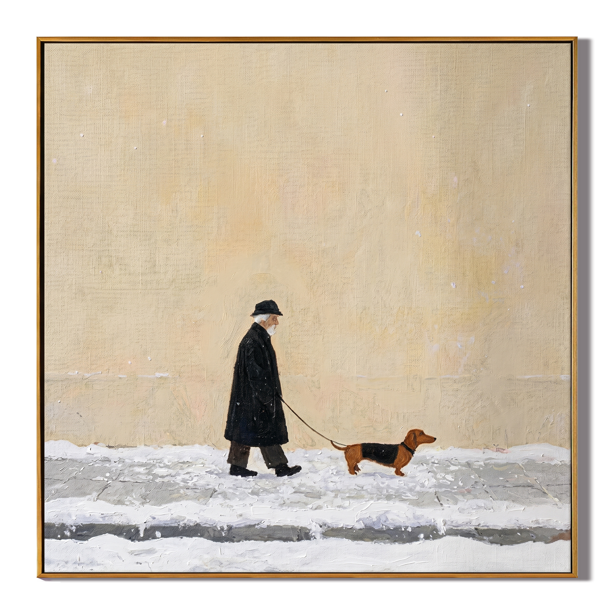 Snow Makes Small Footsteps — Winter Dachshund Walk Painting | Minimalist Figurative Square Wall Art – brown and gray minimalist figurative people & pets art, square hand-painted canvas art – view 1