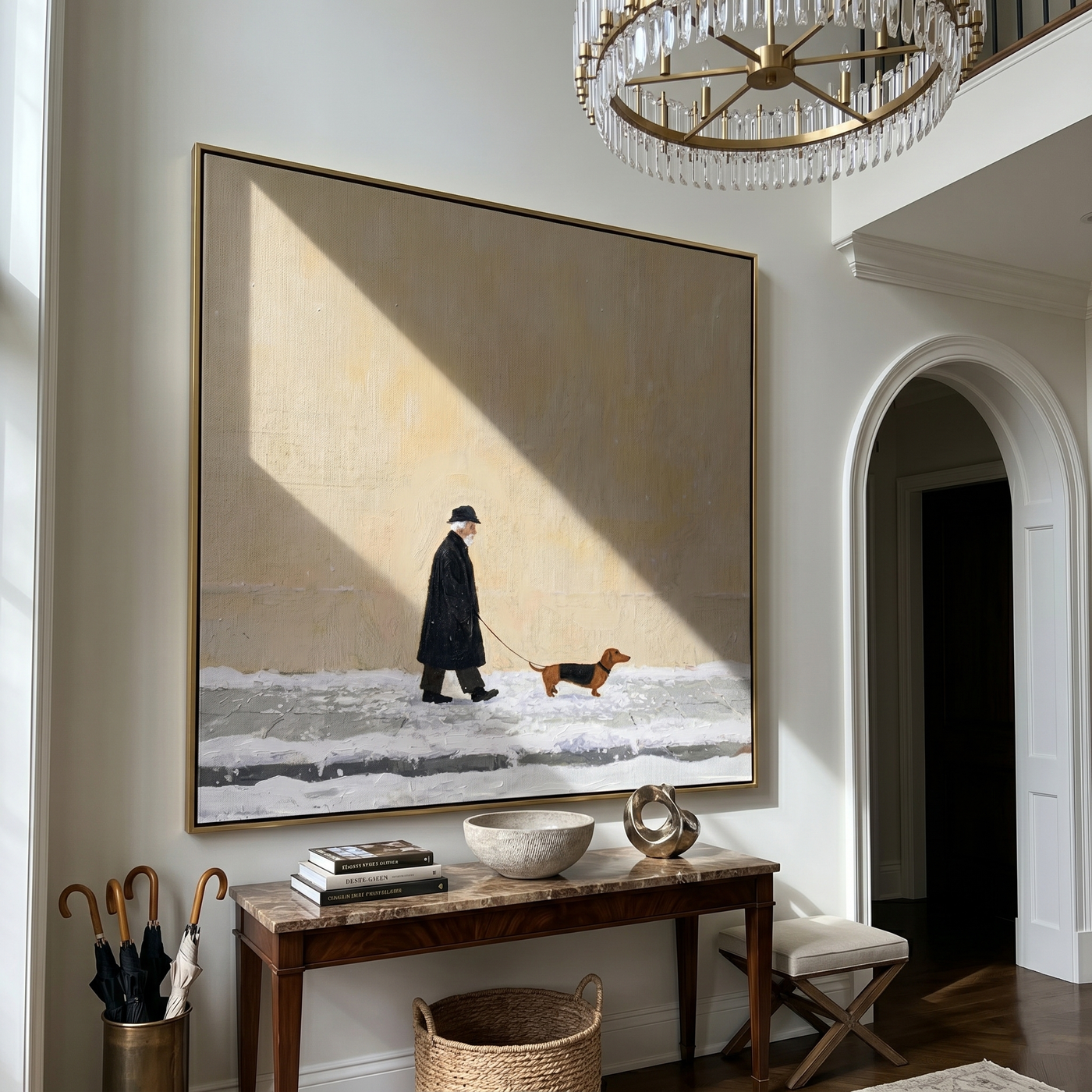 Snow Makes Small Footsteps — Winter Dachshund Walk Painting | Minimalist Figurative Square Wall Art – brown and gray minimalist figurative people & pets art, square hand-painted canvas art – view 4