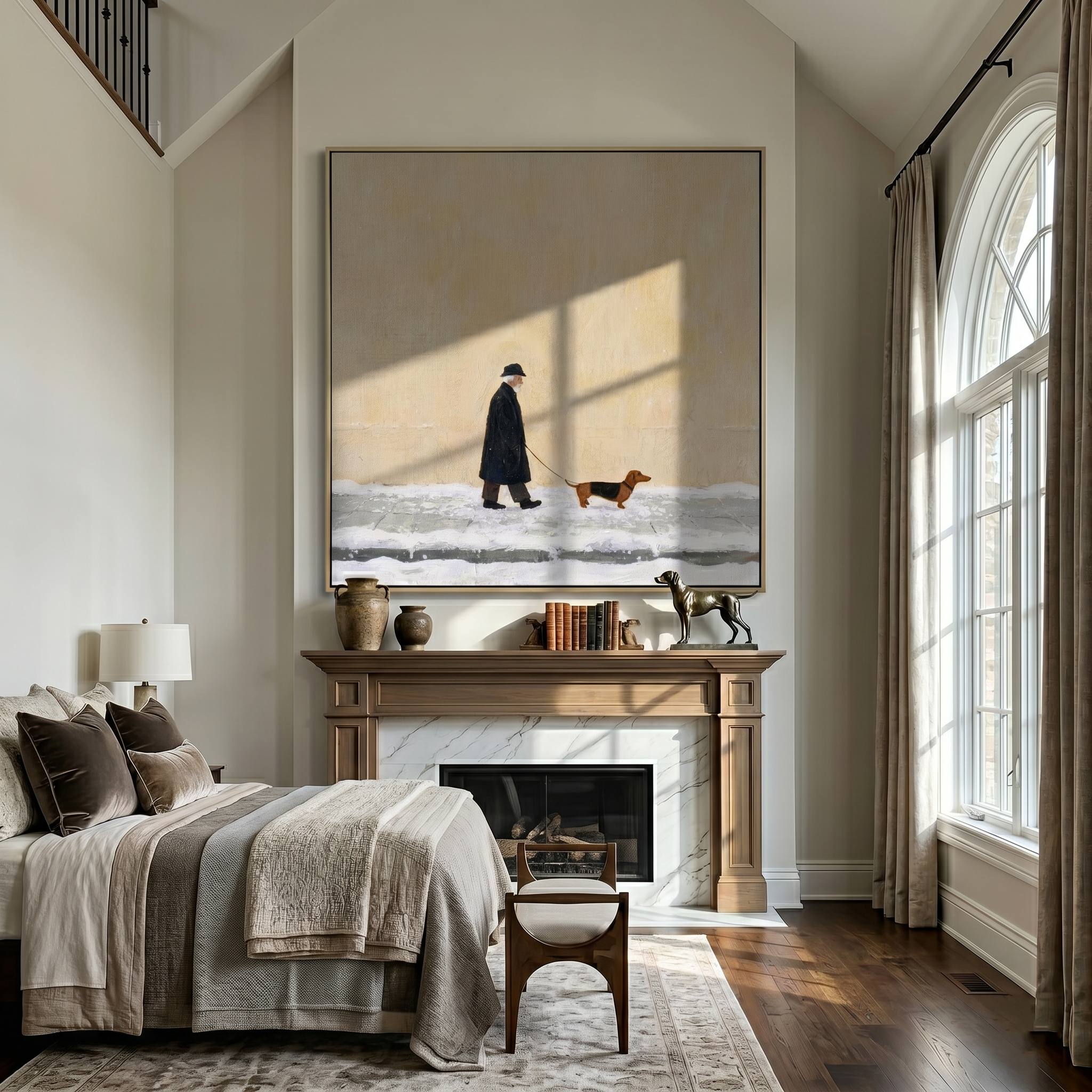 Snow Makes Small Footsteps — Winter Dachshund Walk Painting | Minimalist Figurative Square Wall Art – brown and gray minimalist figurative people & pets art, square hand-painted canvas art – view 6