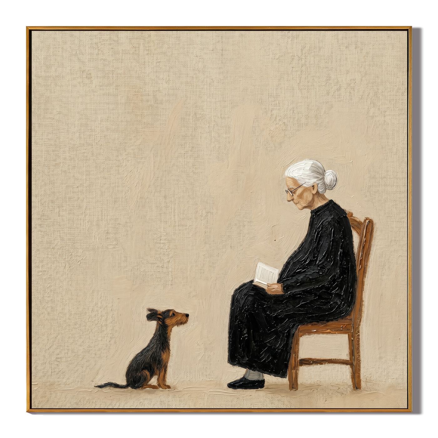 Pages Turn Dog Waits — Reading Woman with Dog Painting | Minimalist Figurative Square Wall Art – brown and black minimalist figurative people & pets art, square hand-painted canvas art – view 1