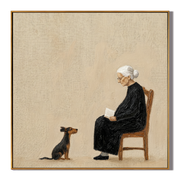 Pages Turn Dog Waits — Reading Woman with Dog Painting | Minimalist Figurative Square Wall Art – brown and black minimalist figurative people & pets art, square hand-painted canvas art – view 1