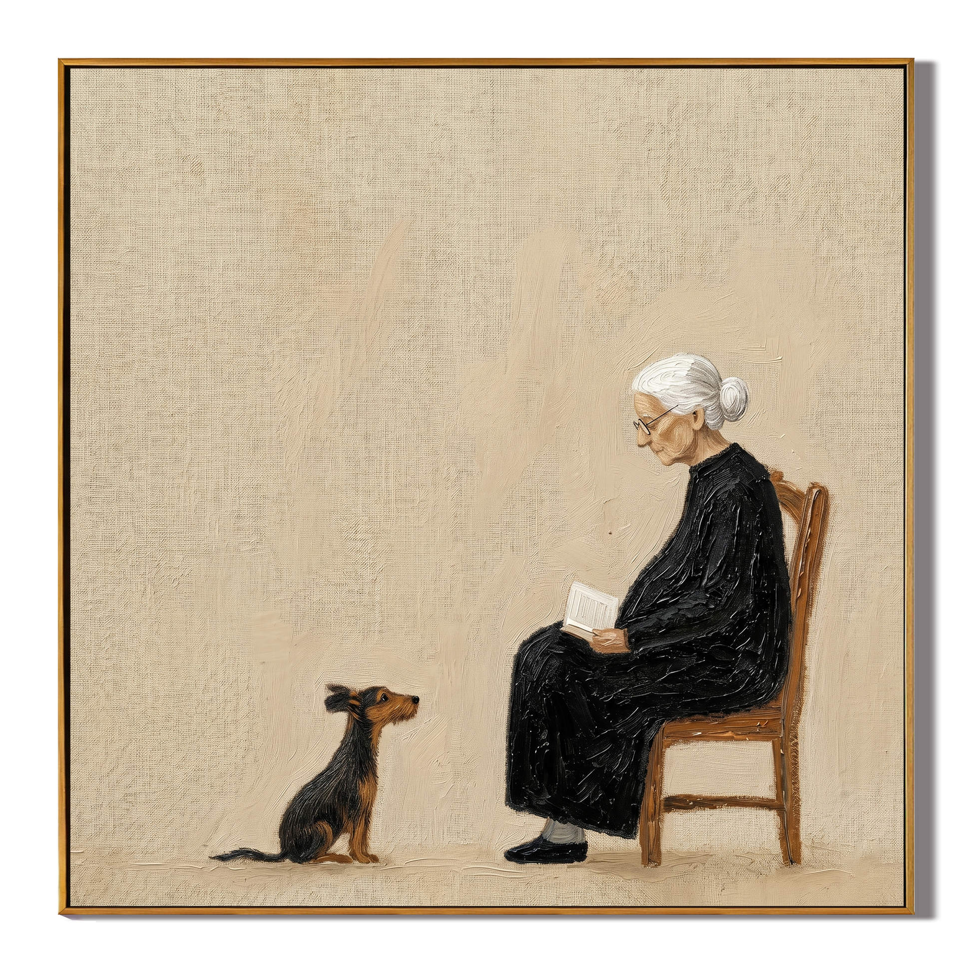 Pages Turn Dog Waits — Reading Woman with Dog Painting | Minimalist Figurative Square Wall Art – brown and black minimalist figurative people & pets art, square hand-painted canvas art – view 1