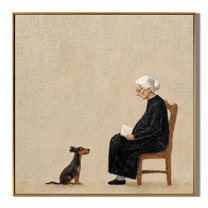 Pages Turn Dog Waits — Reading Woman with Dog Painting | Minimalist Figurative Square Wall Art – brown and black minimalist figurative people & pets art, square hand-painted canvas art – view 1
