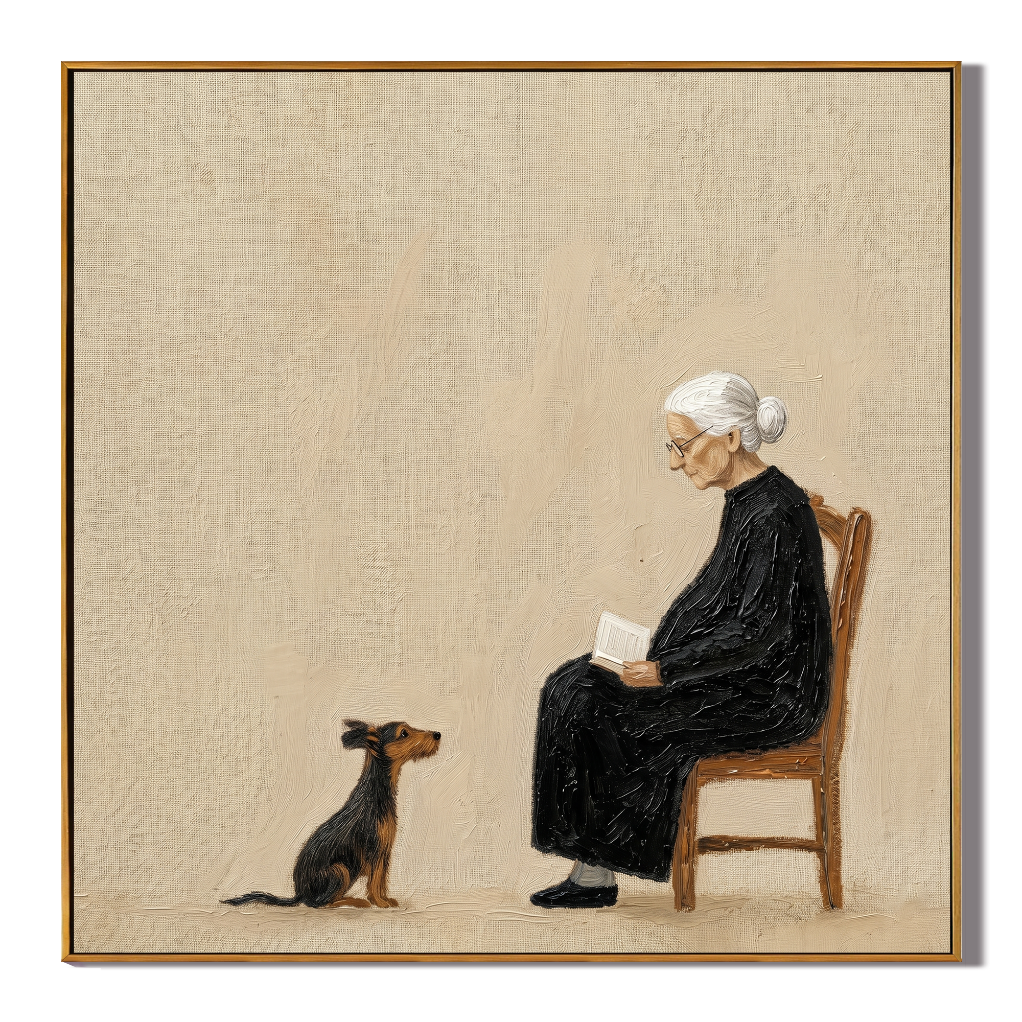 Pages Turn Dog Waits — Reading Woman with Dog Painting | Minimalist Figurative Square Wall Art – brown and black minimalist figurative people & pets art, square hand-painted canvas art – view 1