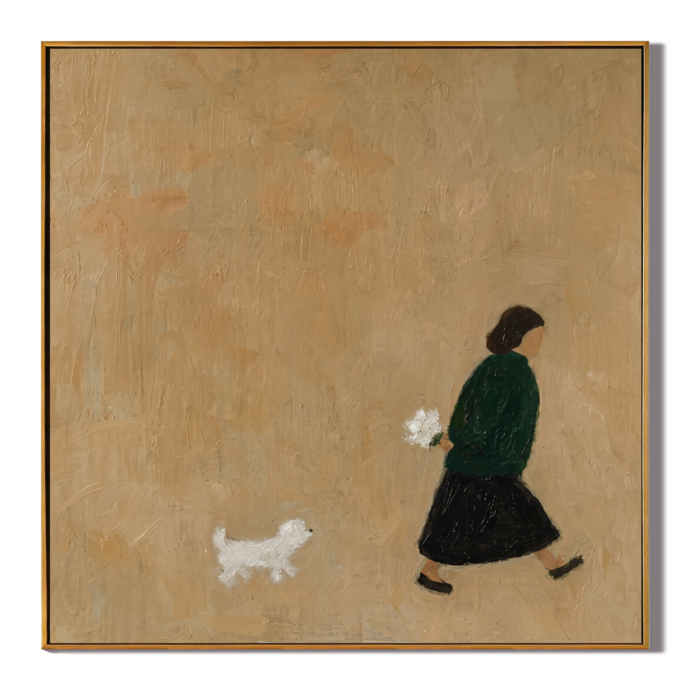 White Dog Follows Green — Woman Walking White Dog Painting | Minimalist Figurative Square Wall Art – gold and black minimalist figurative people & pets art, square hand-painted canvas art – view 1