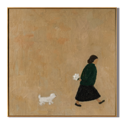 White Dog Follows Green — Woman Walking White Dog Painting | Minimalist Figurative Square Wall Art – gold and black minimalist figurative people & pets art, square hand-painted canvas art – view 1