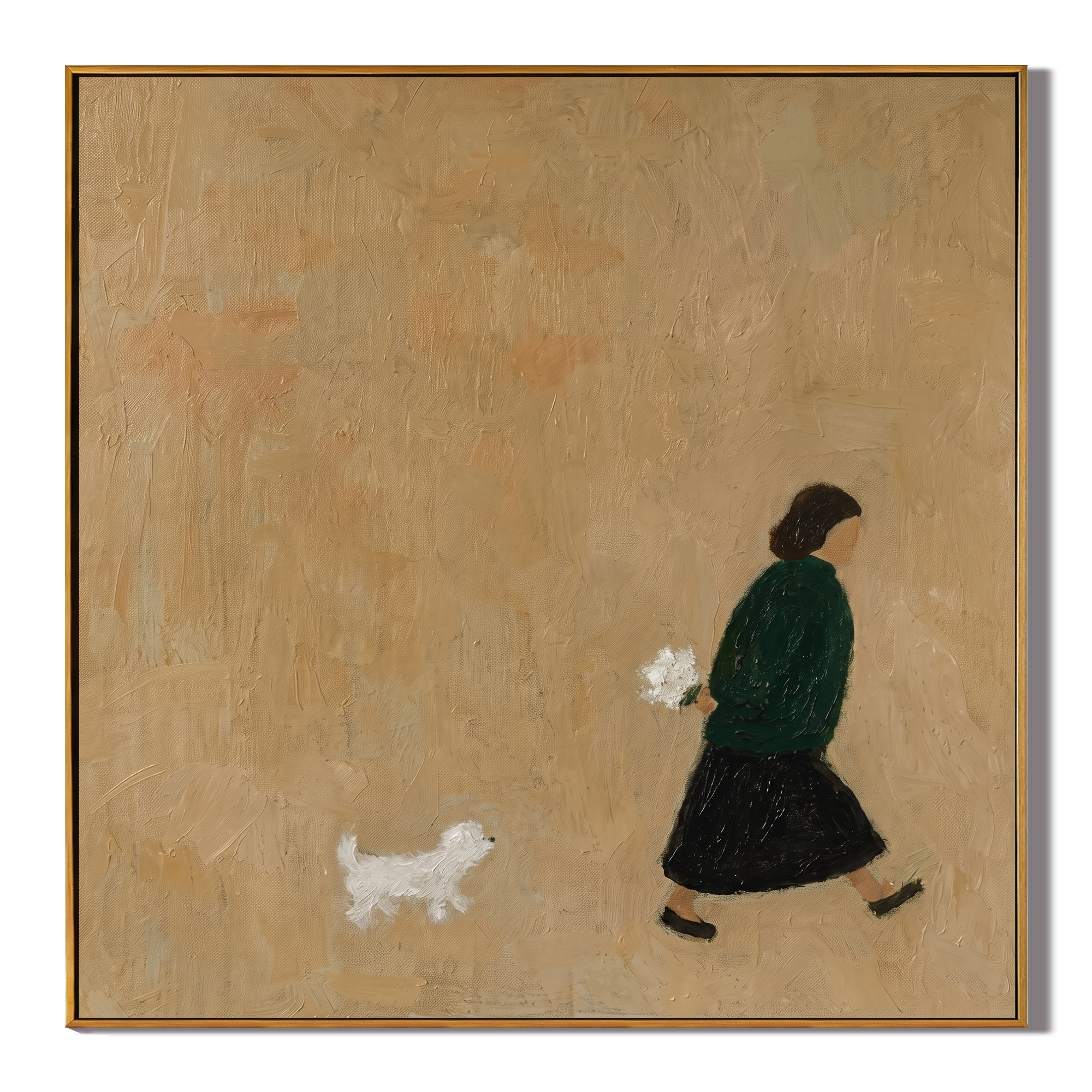 White Dog Follows Green — Woman Walking White Dog Painting | Minimalist Figurative Square Wall Art – gold and black minimalist figurative people & pets art, square hand-painted canvas art – view 1