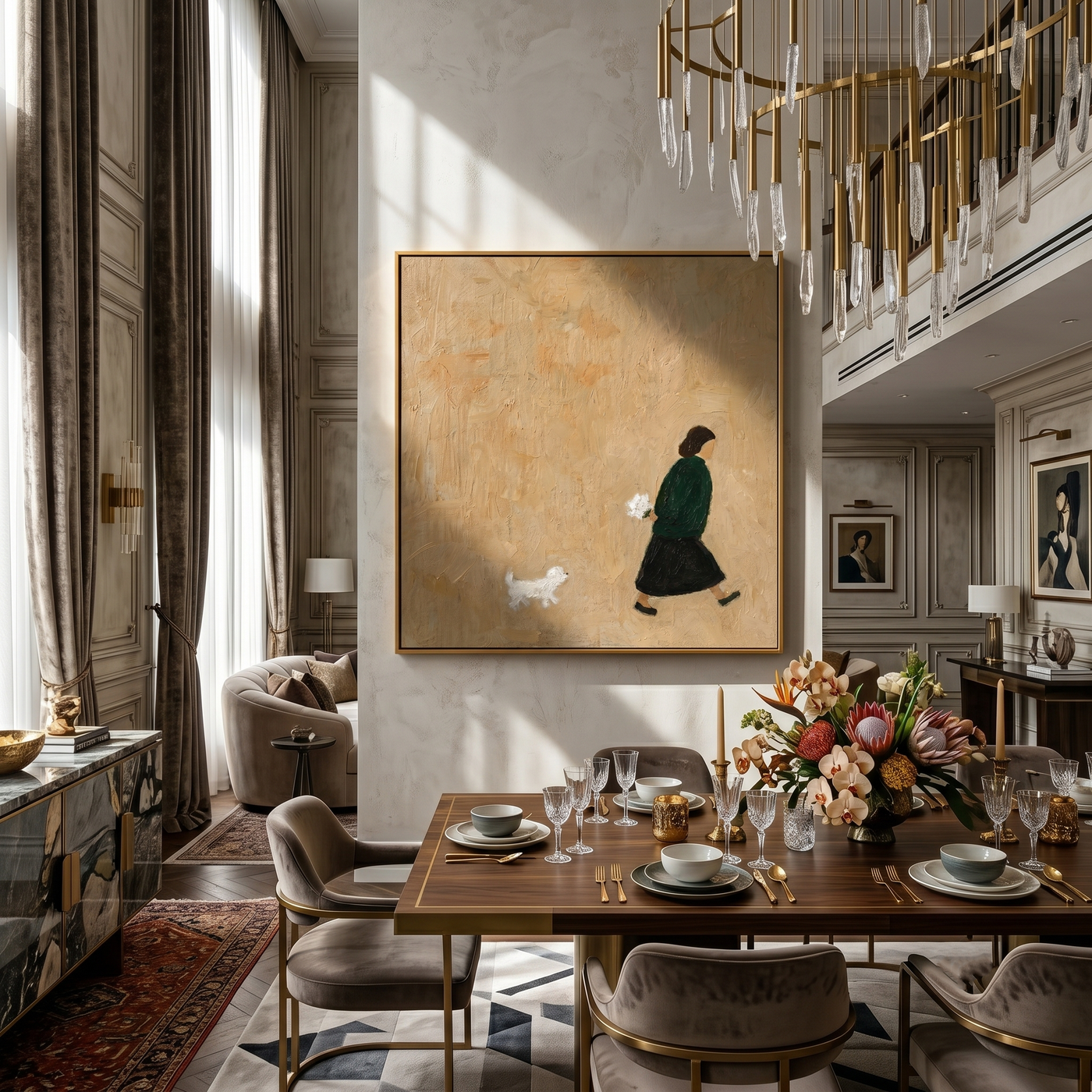 White Dog Follows Green — Woman Walking White Dog Painting | Minimalist Figurative Square Wall Art – gold and black minimalist figurative people & pets art, square hand-painted canvas art – view 4