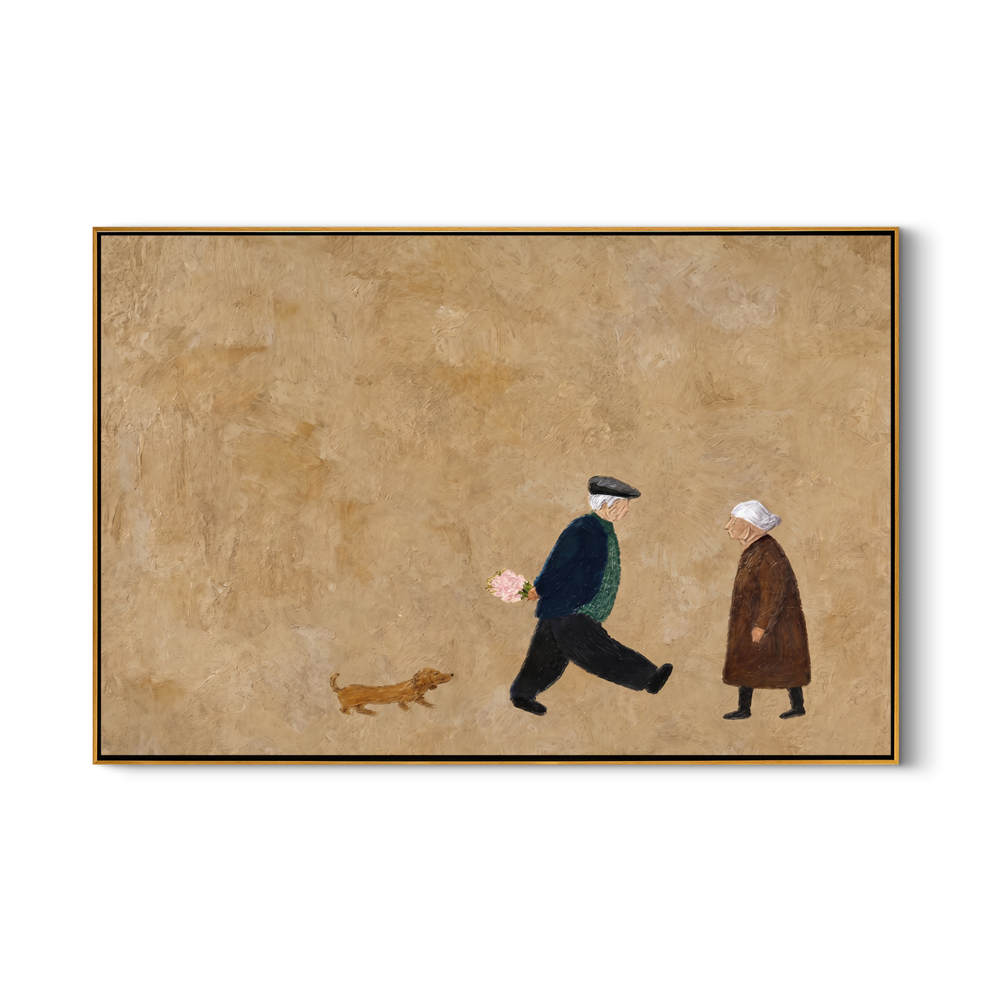 Flowers Pass Between Strangers — Passing Figures with Dog Painting | Minimalist Figurative Horizontal Wall Art – gold and brown minimalist figurative people & pets art, horizontal hand-painted canvas art – view 1