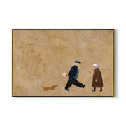 Flowers Pass Between Strangers — Passing Figures with Dog Painting | Minimalist Figurative Horizontal Wall Art – gold and brown minimalist figurative people & pets art, horizontal hand-painted canvas art – view 1