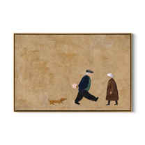 Flowers Pass Between Strangers — Passing Figures with Dog Painting | Minimalist Figurative Horizontal Wall Art – gold and brown minimalist figurative people & pets art, horizontal hand-painted canvas art – view 1