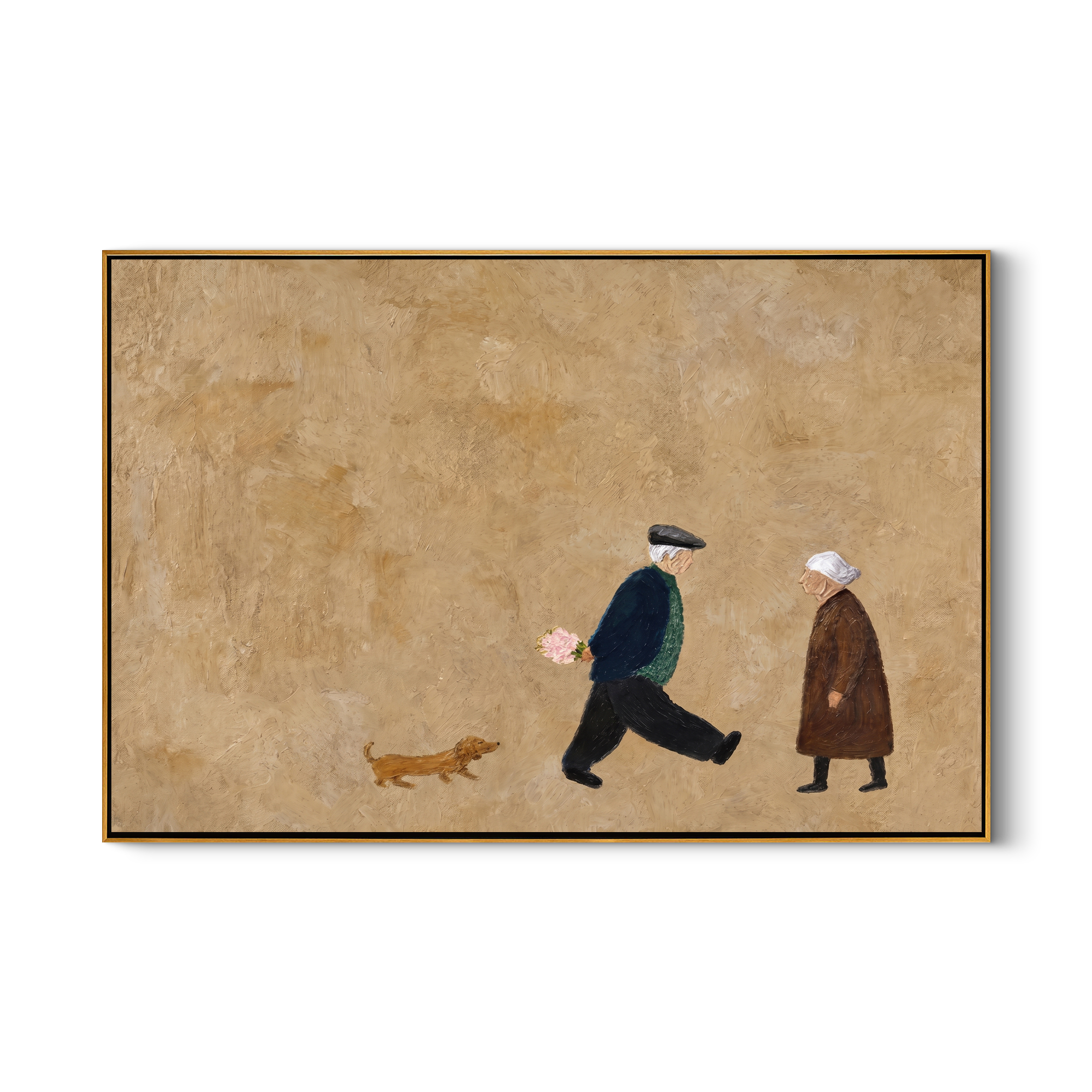 Flowers Pass Between Strangers — Passing Figures with Dog Painting | Minimalist Figurative Horizontal Wall Art – gold and brown minimalist figurative people & pets art, horizontal hand-painted canvas art – view 1