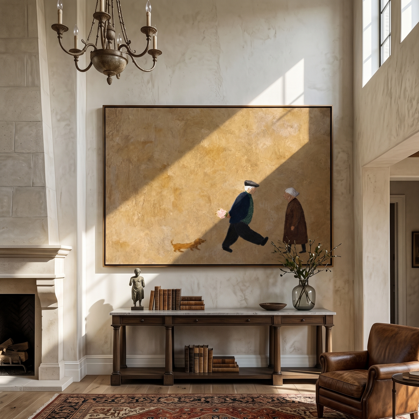 Flowers Pass Between Strangers — Passing Figures with Dog Painting | Minimalist Figurative Horizontal Wall Art – gold and brown minimalist figurative people & pets art, horizontal hand-painted canvas art – view 2