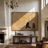 Flowers Pass Between Strangers — Passing Figures with Dog Painting | Minimalist Figurative Horizontal Wall Art – gold and brown minimalist figurative people & pets art, horizontal hand-painted canvas art – view 2