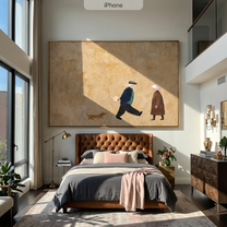 Flowers Pass Between Strangers — Passing Figures with Dog Painting | Minimalist Figurative Horizontal Wall Art – gold and brown minimalist figurative people & pets art, horizontal hand-painted canvas art – view 5