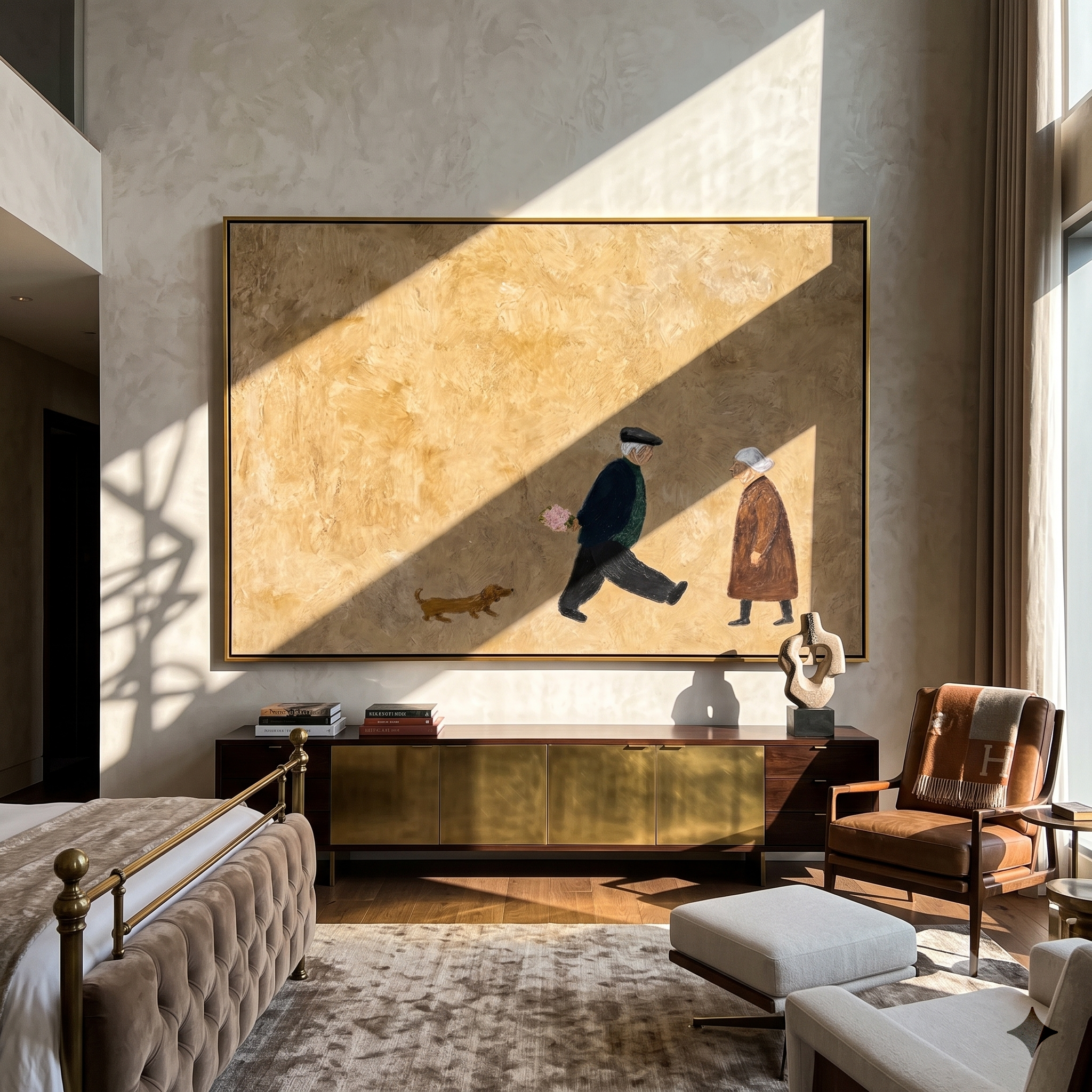 Flowers Pass Between Strangers — Passing Figures with Dog Painting | Minimalist Figurative Horizontal Wall Art – gold and brown minimalist figurative people & pets art, horizontal hand-painted canvas art – view 6