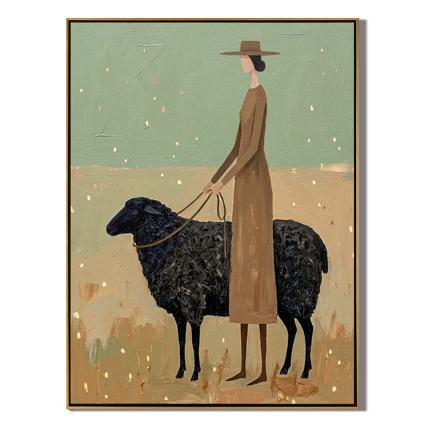 Black Sheep Keep Company — Woman with Black Sheep Painting | Minimalist Figurative Vertical Wall Art – gold and green and brown minimalist figurative people & pets art, vertical hand-painted canvas art – view 1