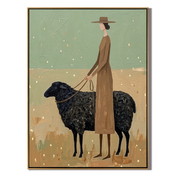 Black Sheep Keep Company — Woman with Black Sheep Painting | Minimalist Figurative Vertical Wall Art – gold and green and brown minimalist figurative people & pets art, vertical hand-painted canvas art – view 1
