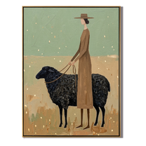 Black Sheep Keep Company — Woman with Black Sheep Painting | Minimalist Figurative Vertical Wall Art – gold and green and brown minimalist figurative people & pets art, vertical hand-painted canvas art – view 1