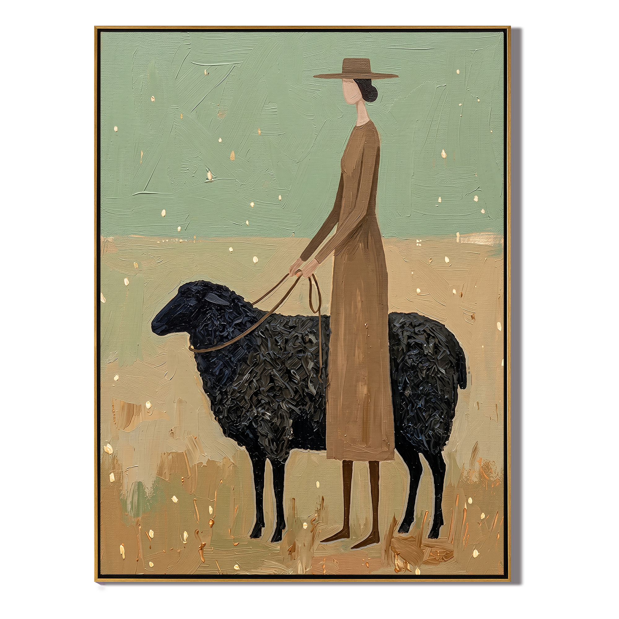 Black Sheep Keep Company — Woman with Black Sheep Painting | Minimalist Figurative Vertical Wall Art – gold and green and brown minimalist figurative people & pets art, vertical hand-painted canvas art – view 1