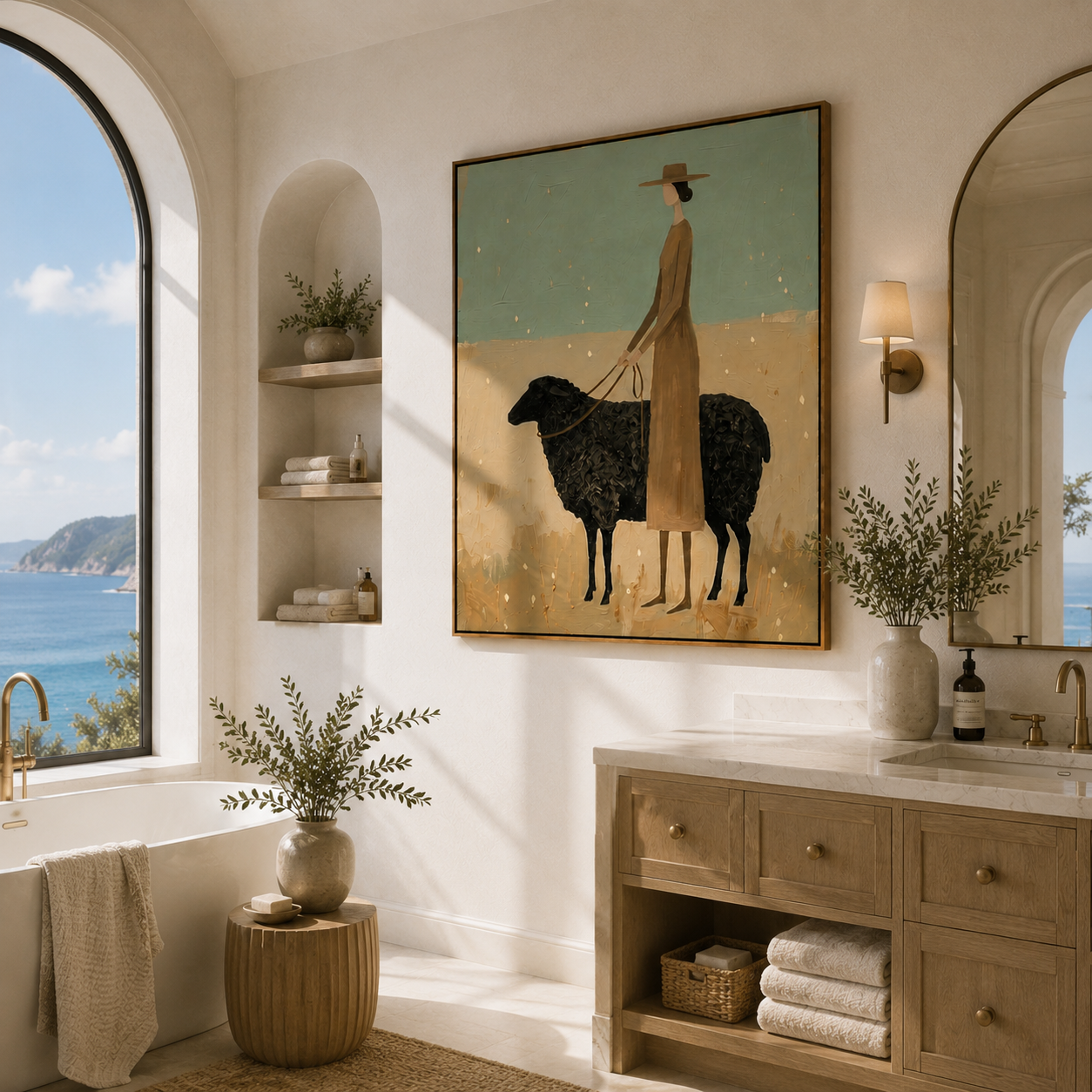 Black Sheep Keep Company — Woman with Black Sheep Painting | Minimalist Figurative Vertical Wall Art – gold and green and brown minimalist figurative people & pets art, vertical hand-painted canvas art – view 2