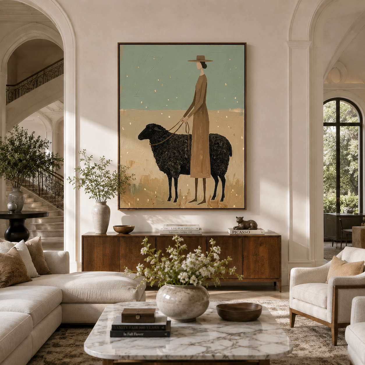 Black Sheep Keep Company — Woman with Black Sheep Painting | Minimalist Figurative Vertical Wall Art – gold and green and brown minimalist figurative people & pets art, vertical hand-painted canvas art – view 3