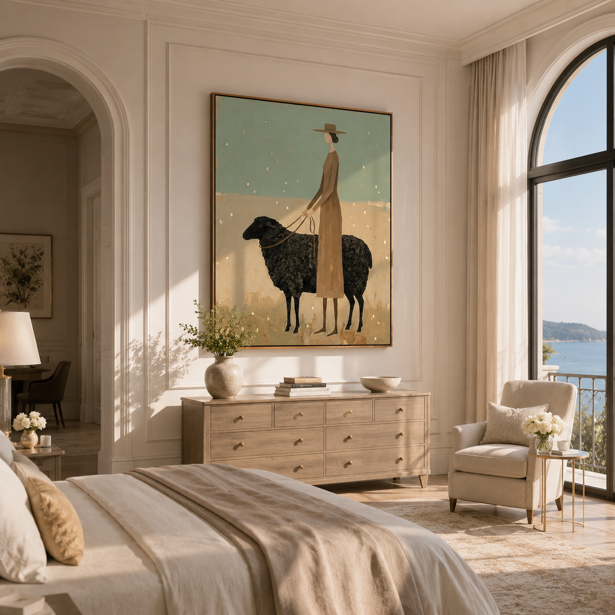 Black Sheep Keep Company — Woman with Black Sheep Painting | Minimalist Figurative Vertical Wall Art – gold and green and brown minimalist figurative people & pets art, vertical hand-painted canvas art – view 4