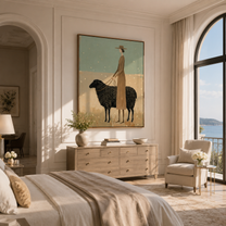 Black Sheep Keep Company — Woman with Black Sheep Painting | Minimalist Figurative Vertical Wall Art – gold and green and brown minimalist figurative people & pets art, vertical hand-painted canvas art – view 4