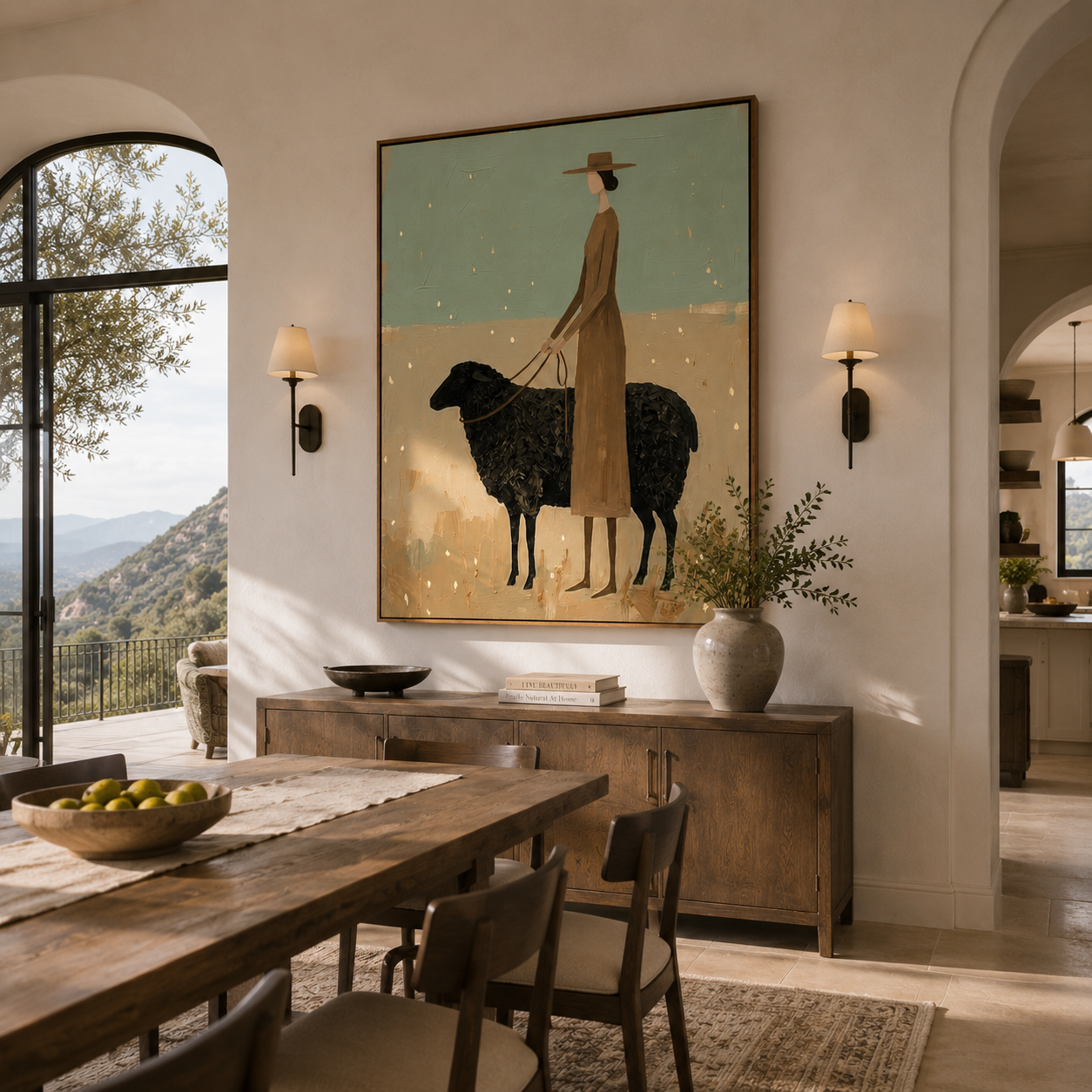 Black Sheep Keep Company — Woman with Black Sheep Painting | Minimalist Figurative Vertical Wall Art – gold and green and brown minimalist figurative people & pets art, vertical hand-painted canvas art – view 5